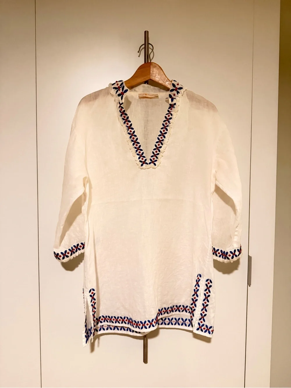 Tory Burch White Tunic with Blue Leaf & Red Dot Embroidery